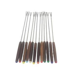 Vintage Stainless Steel Fondue Forks Set of 13 with Wood Colored Handles Retro